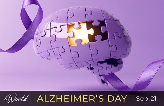 World Alzheimer&rsquo;s Day purple brain puzzle ribbon illustration symbolizing awareness, memory loss, support, compassion, and global recognition of Alzheimer&rsquo;s disease generated ai