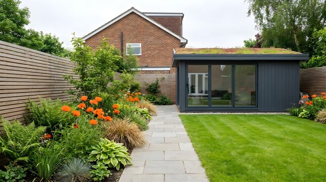 A contemporary garden room addition seamlessly connects to a classic brick home featuring a vibrant green lawn and colorful flowerbeds in the