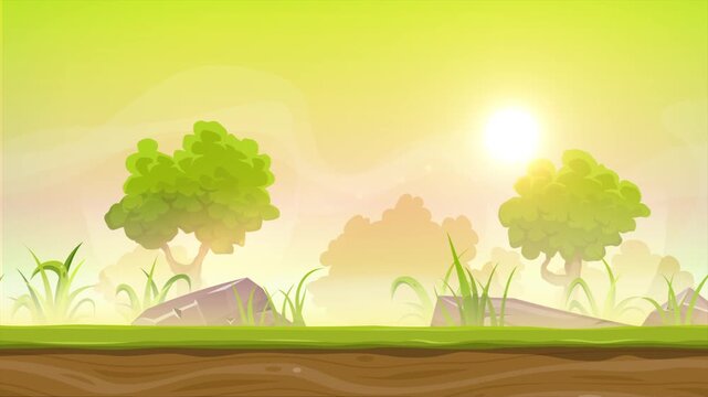 Cartoon Autumn Nature Landscape Animation
A nice comic green nature forest background in fall season with trees and vegetation in the soft wind and sun flare shining