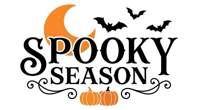 A festive halloween themed design showcasing spooky lettering with a glowing crescent moon flying bats and a detailed pumpkin illustration