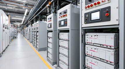 Obraz premium Long corridor of industrial electrical cabinets with control panels and stacked modules under bright overhead lighting