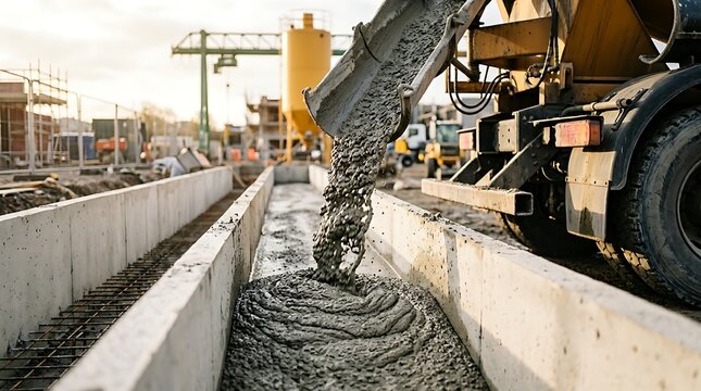 Cement truck pouring wet concrete into foundation formwork on construction site during daytime with crane in background suggesting building industry progress.