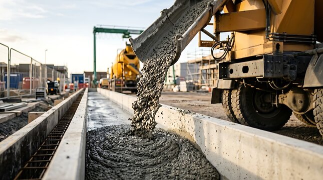 Cement truck pouring wet concrete into foundation formwork on construction site during daytime with crane in background suggesting building industry progress.