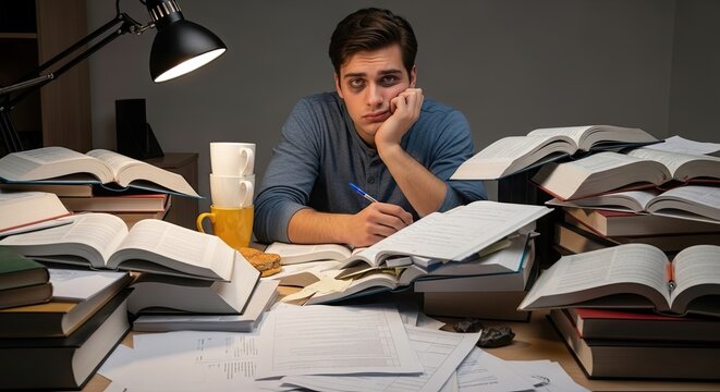 A young man sitting at a desk with a pile of books and papers in front of him, looking tired and stressed.