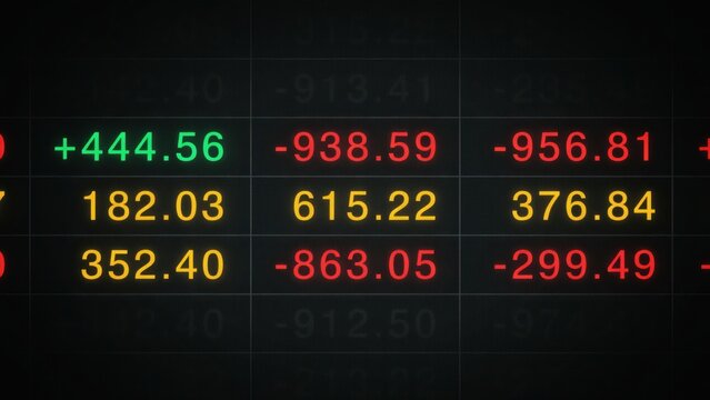 Stock market digital ticker board with scrolling financial numbers in green, red, and yellow colors on a dark background, for trading data