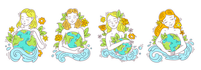 Naklejka premium Mother Earth day and ecology vector illustrations, flat line art set of woman hugging green and blue planet with flowers and leaves for environmental protection or save planet concept