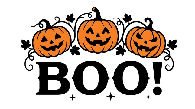 A delightful halloween illustration showcases three glowing jackolanterns each with uniquely carved faces and a playfully spooky boo text design on a