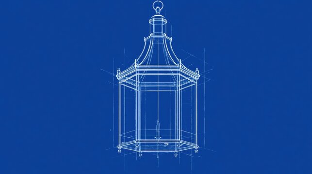 A plan shows a lantern in line-art style on a blue background, illustrating a design sketch for evening lighting.