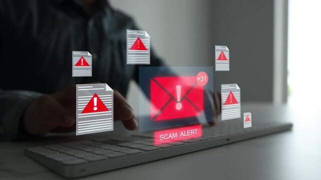Digital scam email concept featuring phishing detection, cyber defense and privacy protection. Security tools help prevent fraud, malware and online attacks.