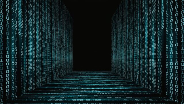 A dark corridor formed by walls of cascading binary code with glowing blue ones and zeros creating a tunnel effect in a digital environment