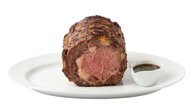 Juicy prime rib roast with rich au jus sauce on a white plate
