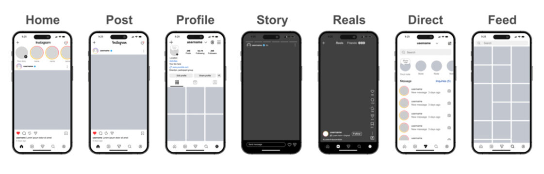 New Instagram template app screens post features design. Instagram mockup interface on Iphone smartphone, different app pages
