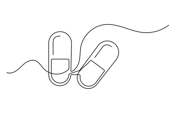 Pharmaceutical pills minimalist line art showing a medical symbol concept with single line drawing vector style.