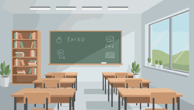 Empty school classroom interior with wooden desks a green chalkboard with math equations a bookshelf and a large window view.
