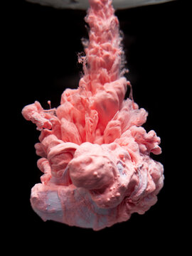 Macro photo of pink ink splash cloud in water on black background