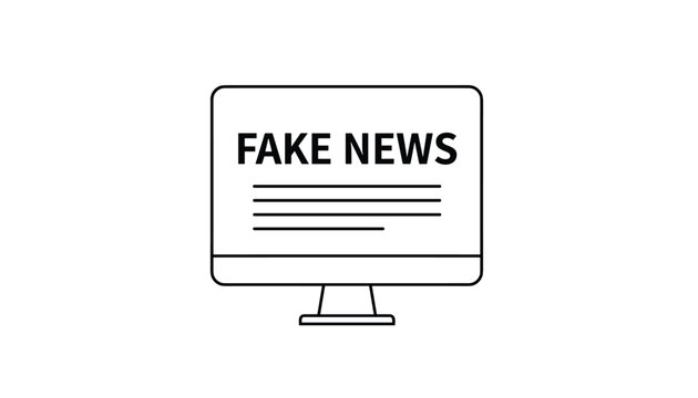 Outline icon of a desktop computer monitor displaying a newspaper article with the bold headline fake news.