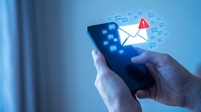 Person holding smartphone displaying email with notification alert and multiple chat bubbles, concept of urgent online communication and messaging.