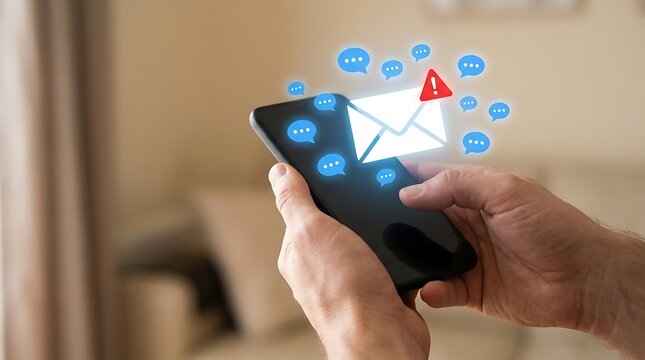 Person holding smartphone displaying email with notification alert and multiple chat bubbles, concept of urgent online communication and messaging.