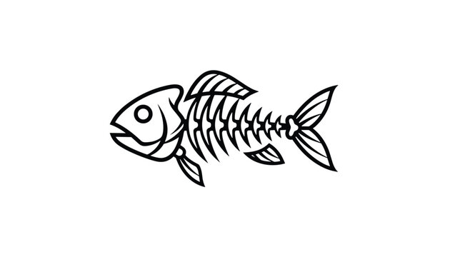 Black and white line drawing of a complete fish skeleton including the skull, spine, fins, and tail bones.
