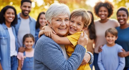 Obraz premium A smiling grandmother hugging her grandson in a park with a group of people in the background.