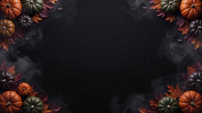 Halloween decorative border composed of seasonal pumpkins foliage spiders webs and ethereal foggy mist background with rectangular frame composed