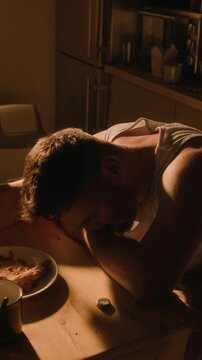 Vertical shot of Caucasian middle aged man waking up with hungover and suffering after heavy alcohol abuse. Ideal for mental health awareness campaigns, addiction recovery services, rehab promos