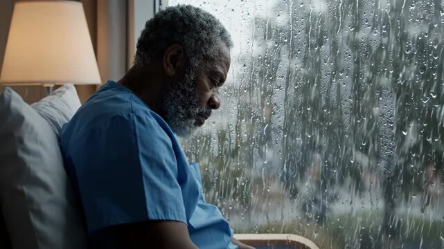 Elderly man in hospital bed by rainy window sadness loneliness depression mental healthcare patient reflection with sad caregiver in blue uniform
