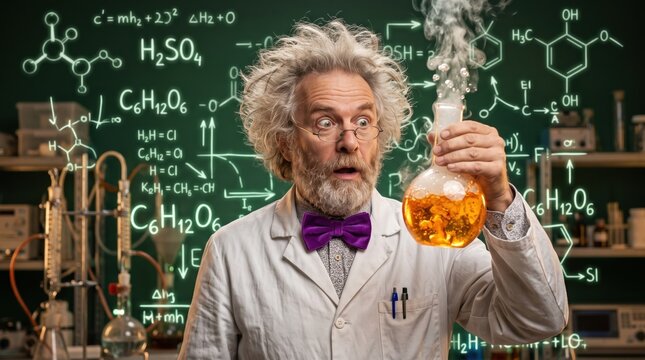 Funny mad scientist with wild hair holding smoking flask with orange liquid in laboratory. Chemist in lab coat and bow tie making experiment near chalkboard with formulas. Discovery and invention
