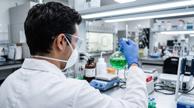 Man scientist examining green liquid sample in flask in modern laboratory. Chemical research and medical analysis