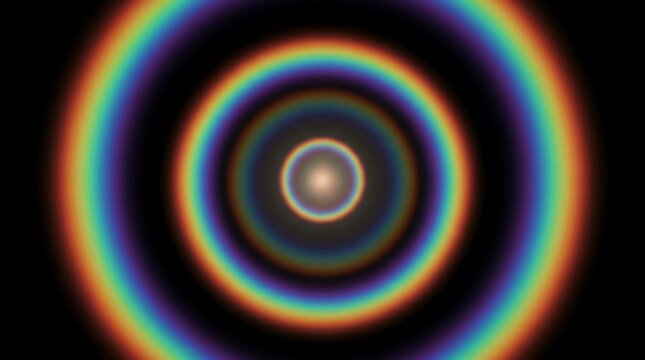 Concentric rainbow circles with central bright light on black background, 83 characters rings