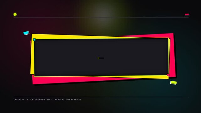 A vibrant rectangular frame featuring overlapping neon yellow and pink borders surrounds a dark central area creating an energetic layout that encourages viewers to engage with the creative