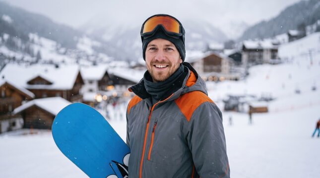 Smiling man with snowboard at winter ski resort. Young caucasian male snowboarder in warm jacket and goggles on snowy mountain village background. Active winter sport vacation and holiday concept.