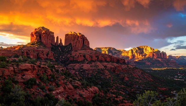 Majestic Red Rock Formations of Sedona Under a Dramatic Sunset Sky
