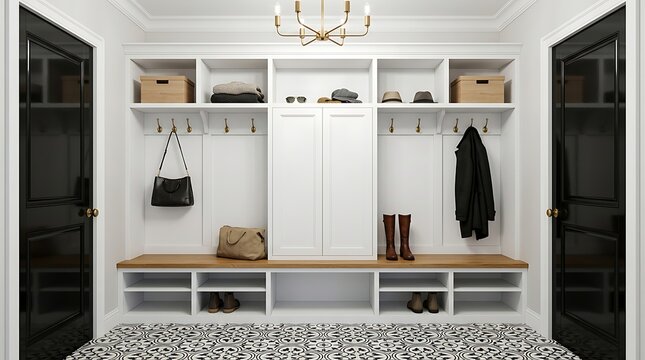 Modern mudroom with white built-in storage, bench, cubbies, wood accents, black doors, and patterned tile floor for organized entryway.
