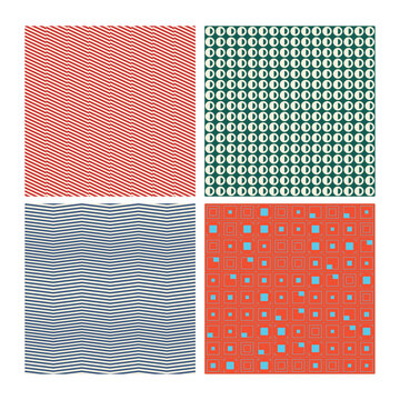 Set of Four Retro Geometric Pattern Designs with Vintage Stripes and Abstract Shapes for Textiles
