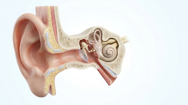 Human Ear Anatomy Section with Detailed Inner and Middle Ear Structures cross-section medical illustration