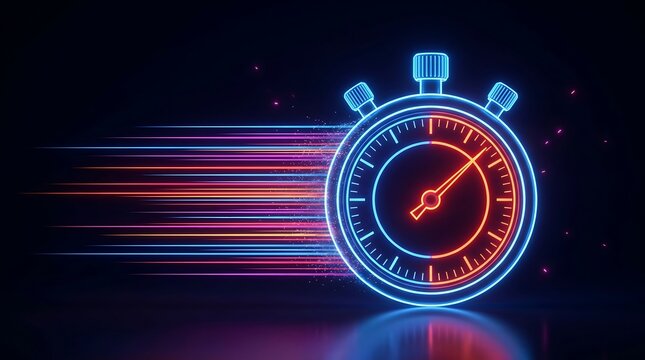 Neon stopwatch featuring glowing blue and orange light rings with fast horizontal speed lines representing efficient time management and quick deadlines.