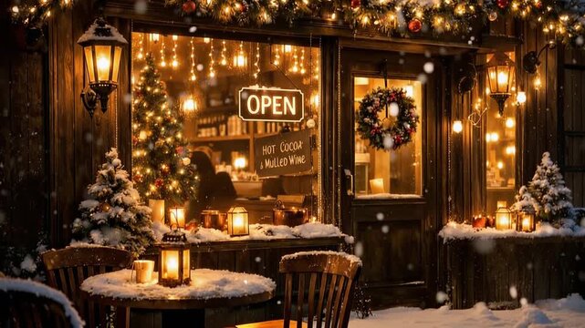 Cozy christmas cafe storefront with warm glowing lights and falling snow, open sign, wreath and lanternlit outdoor table scene