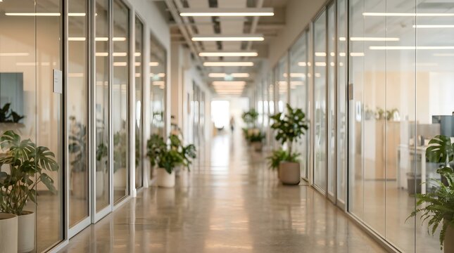 Long office corridor with glass walls and bright lighting creates a modern and professional business environment for work and collaboration