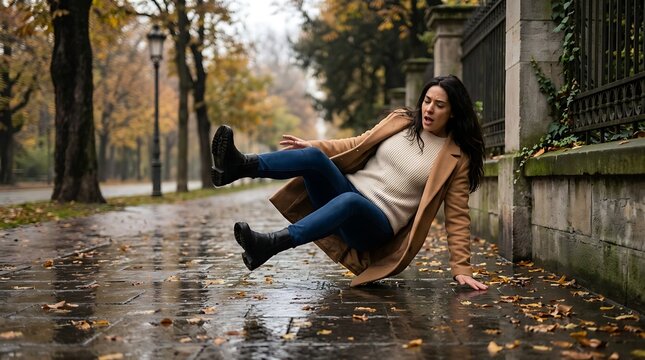 Young woman wearing beige trench coat slips on wet pavement in autumn park trying to catch herself with her hand while falling backward on slippery stone path.