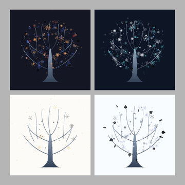 Four Minimalist Seasonal Tree Vectors with Snowflake and Star Foliage in Winter and Autumn