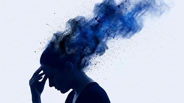 Woman with head exploding into blue and black smoke particles symbolizing mental health issues stress or breakdown against a white background, close-up side profile.
