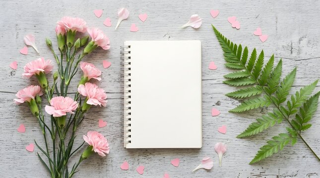 A creatively arranged flat lay showcases an open blank notebook alongside delicate pink flowers and vibrant lush green fern fronds on concrete