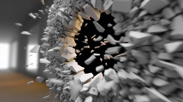 Wall explodes, revealing a dark void. Crumbled debris scatters outward, blurred background