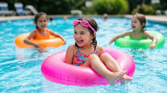 Happy kids swimming in pool with colorful inflatable rings. Summer vacation, childhood fun and outdoor water activity for children during hot season.