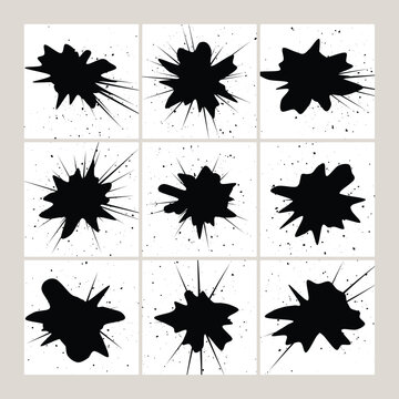 Collection of Black Ink Splatters and Splashes on White Background with Dynamic Paint Drops