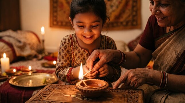 Grandmother teaching little girl to light diya oil lamp at home during Diwali celebration. Hindu festival of lights tradition with candles and