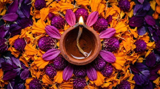 Burning diya oil lamp surrounded by orange and purple flower petals. Traditional diwali rangoli decoration with clay lamp. Indian festival of lights celebration concept for holiday greeting card