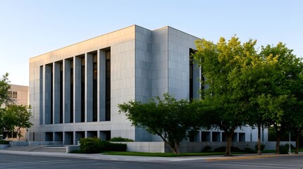 Obraz premium Modern institutional building with stone facade and vertical surrounded by green trees and paved streets under clear sky