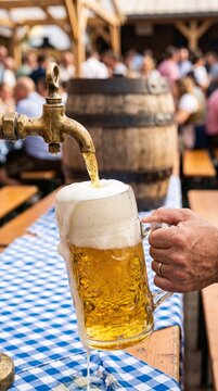 Man pouring fresh golden beer from wooden barrel tap into big glass mug with foam overflowing on table with blue checkered tablecloth at outdoor beer